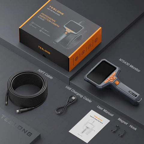 50Ft Sewer Camera With Dual Lens Borescope And Light 4.3 Inch HD Drain Endoscope with components and packaging.