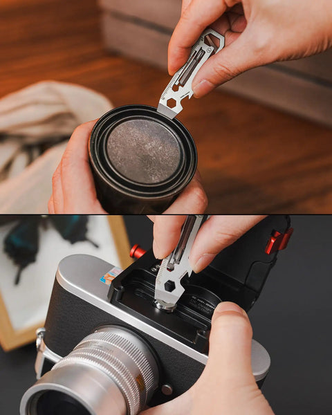 Person using KR03 EDC Pry Bar Multitool With Flathead And Phillips Driver, Bottle Opener, Three Hex Wrenches on camera lens.