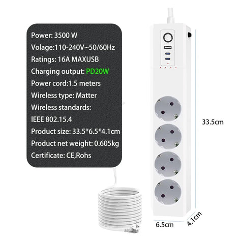 Straight Up Heavy Duty Smart Power Strip With Four EU Outlets And Serious 3500 Watt Surge Capacity Voice And App Controlled Extension Board