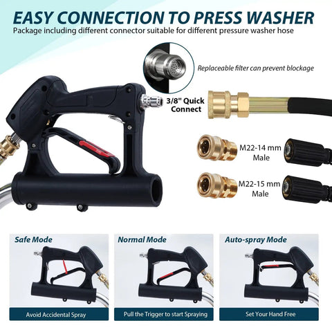 Heavy Duty Twenty Four Inch Pressure Washer Surface Cleaner For Driveways features quick connect pressure washer gun with various connectors.