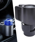 12 Volt Car Cup Holder With Digital LCD Screen, Smart Dual Temp Beverage Chiller And Warmer, shown in car with drink holder.