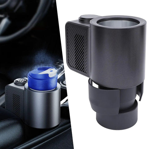12 Volt Car Cup Holder With Digital LCD Screen, Smart Dual Temp Beverage Chiller And Warmer, shown in car with drink holder.