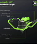 60V Brushless Earth Auger For Post Holes And Gardens, Heavy Duty Digger With 59 Ft Lb Torque And 210 Max RPM, Features Highlighted