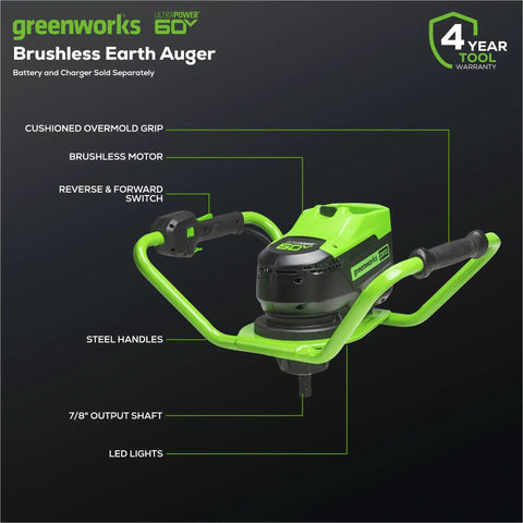 60V Brushless Earth Auger For Post Holes And Gardens, Heavy Duty Digger With 59 Ft Lb Torque And 210 Max RPM, Features Highlighted