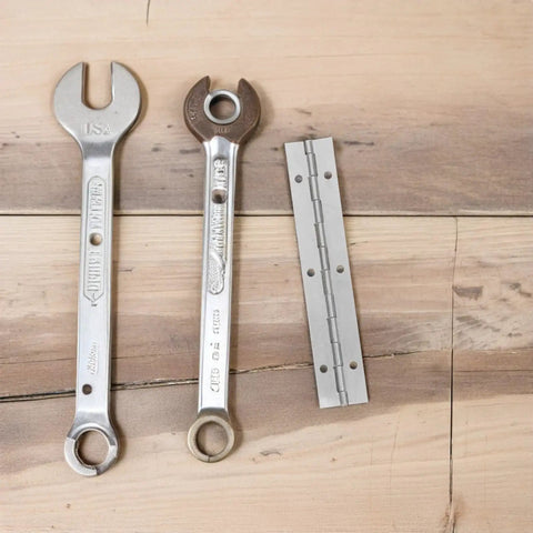 Heavy Duty Stainless Steel Piano Hinges For Cabinet Doors And Furniture With Pre Drilled Holes shown with wrenches