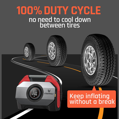 Vortex S6 Beast Cordless Tire Inflator Air Compressor For Heavy Duty Vehicles And Cars, 19200 mAh Battery shown inflating tires