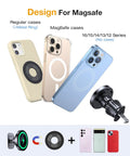 MagSafe Car Mount Charger With Strong Magnets For Fast Wireless Charging 15W shown with compatible iPhone cases.