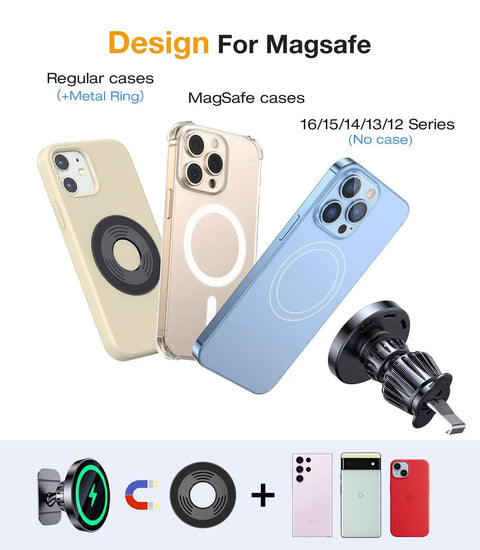 MagSafe Car Mount Charger With Strong Magnets For Fast Wireless Charging 15W shown with compatible iPhone cases.