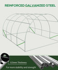 Diagram of Walk-In 20 Ft Long By 10 Ft Wide By 7 Ft High Greenhouse, galvanized steel frame, showing structural design and thickness.