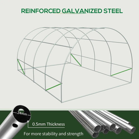 Diagram of Walk-In 20 Ft Long By 10 Ft Wide By 7 Ft High Greenhouse, galvanized steel frame, showing structural design and thickness.