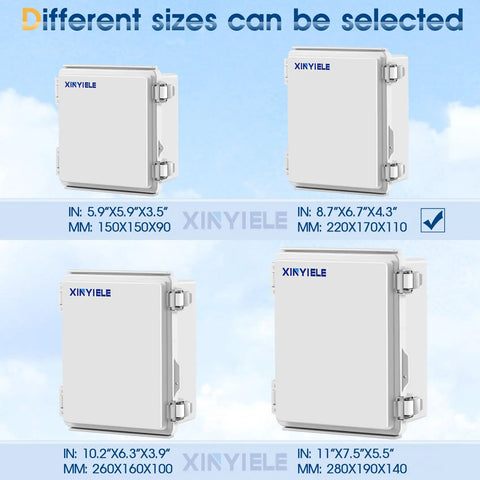 Different sizes of Rugged Outdoor ABS Junction Box IP67 Weatherproof Enclosure With Hinged Cover shown in four options