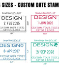 Built Like A Tank Custom Date Stamp With Personalized Text Dead Simple Self Inking Office Supplies showing 4 size options with design templates.