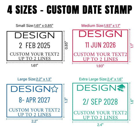 Built Like A Tank Custom Date Stamp With Personalized Text Dead Simple Self Inking Office Supplies showing 4 size options with design templates.