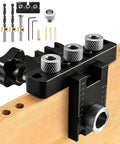 Image of a Three In One Dowel Jig Kit With Self Centering Pocket Hole Jig, aluminum alloy drill locator on wood for DIY projects.