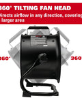 Back view of 10 Inch Drum Fan With 900 CFM, 3 Speed Industrial Floor Fan; 360-degree tilting feature highlighted, all-metal design.