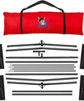 Disassembled parts of 20x10 Ft Sports Net Backstop with 200 Sq Ft Coverage in a red carrying bag.