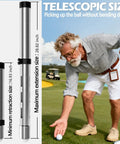 Elderly golfer using telescopic golf ball retriever tube with adjustable aluminum alloy build on a course.