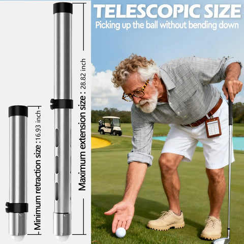 Elderly golfer using telescopic golf ball retriever tube with adjustable aluminum alloy build on a course.
