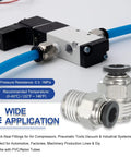 Close-up of Five Pack Beefy NPT Push To Connect Air Fittings Male Straight 1/4 Inch Tube OD with pneumatic tools.