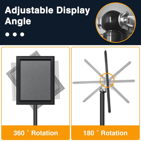 Two Pack Adjustable Floor Sign Stand 8.5 By 11 Inch Poster Holder With 360 Degree Rotating Frame showing rotation angles.