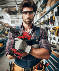 Badass 20V Cordless Drill Driver Kit Featuring Half Inch Quick Lock Chuck And Slick Ergonomic Grip, held by a man in workshop.