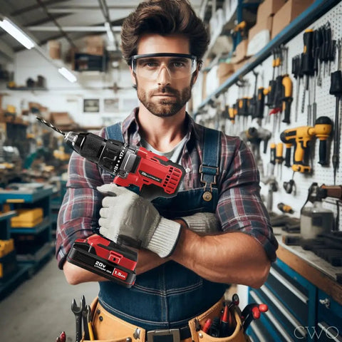 Badass 20V Cordless Drill Driver Kit Featuring Half Inch Quick Lock Chuck And Slick Ergonomic Grip, held by a man in workshop.