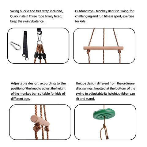 Disc Swing For Kids With 7 Ft Adjustable Height, Monkey Bars, Hanging Tree Seat, Backyard Outdoor Play Set In Green, Ideal Swing Accessory with installation and features details