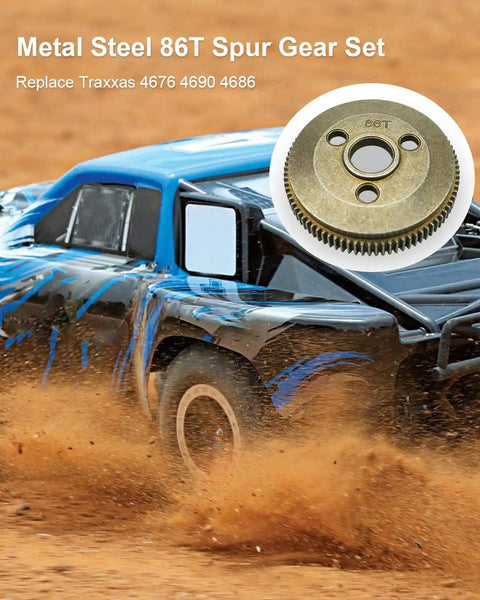 Beefed Up Heavy Duty Steel Spur Gear Set 48P 86T For 1/10 Traxxas Slash 2WD showing metal gear and car model