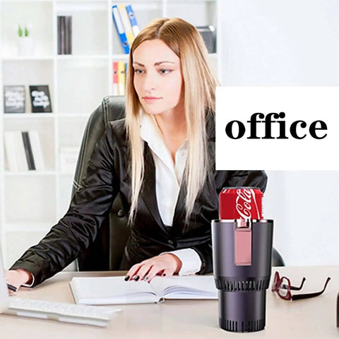 2 In 1 Car Cup Cooler Warmer Digital Temp Display Beverage Chiller Heater Keeps Your Daily Brew Ice Cold Or Piping Hot Road Trip Essential For Coffee Water And Milk On The Go Blue 105X95X165Mm in office setting with woman working