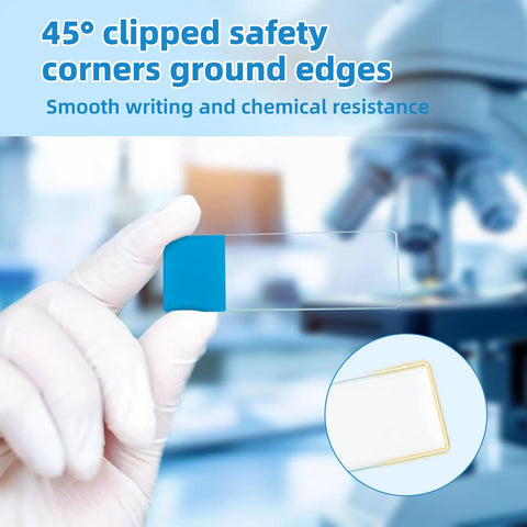 Blue Coated Glass Microscope Slides 1x3 Inch Pack Of 50 For Lab Work With Safe Edges And High Light Transmission Pro Grade For Histology Education And Research, gloved hand holding slide