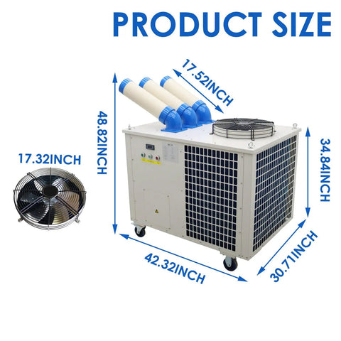 Built Like A Tank Heavy Duty Portable Industrial Air Conditioner 28900 Btu 3150 Watt image showing size dimensions.