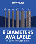 Fully threaded stainless steel rods, 6 diameters from 3/8 in to 1 in, 36 in length, right-hand threads, Conquest