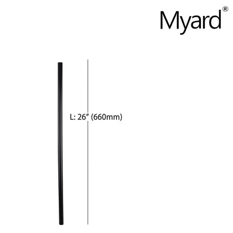 26 Inch Hollow Round Iron Deck Balusters Matte Black 25 Pack, showcasing a single spindle for outdoor railings.