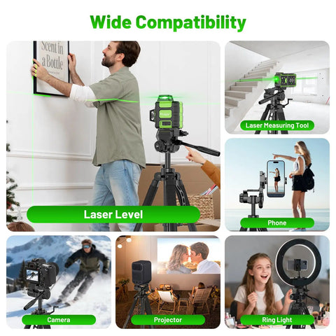 68 Inch Adjustable Laser Level Tripod With One Quarter And Five Eighth Inch Mounts Heavy Duty Portable Stand 3 Way Pan Head with laser level, phone, camera, projector and ring light
