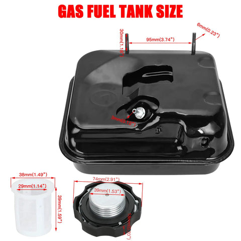 Gas Tank With Fuel Level Gauge Kit Built For Predator 212 And Clone Engines shown with measurements for mini bikes and go-karts
