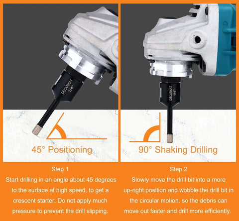 Amazon 1/4 in dry diamond tile drill bits, 2-pack, 6mm; 5/8-11 thread for angle grinders; shown in 45° and 90° views.