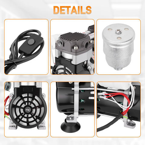 Oil-free lab vacuum pump, 50L/min, six-view montage with switch cord, cooling head, oil-water separator and wiring.