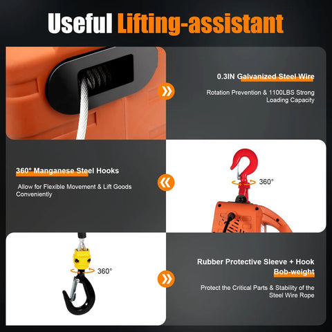 Heavy Duty Electric Hoist Winch With Wired Remote 1100 Lbs showing galvanized steel wire and manganese steel hooks for lifting.