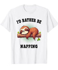 White Nap Enthusiast Tee with cartoon sloth on log, text 'I'd Rather Be Napping', short sleeves, for nap lovers and lazy day fans.
