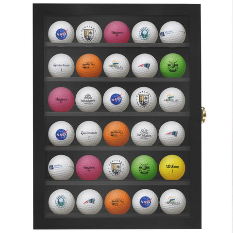 Lockable Wall Mount Golf Ball Display Case Holds Up To 35 Balls With Polished Plexiglass Circle Shelves Durable Black Finish