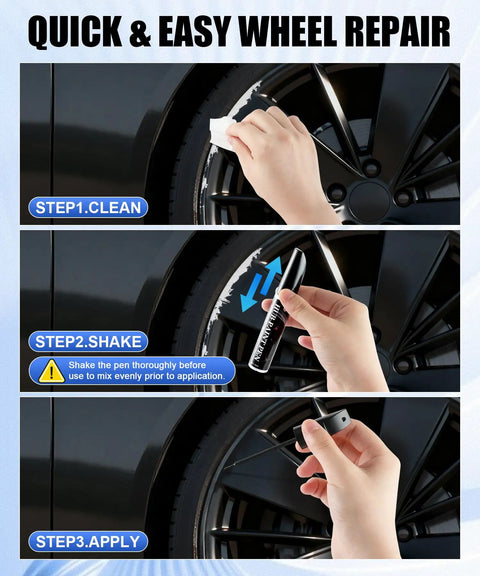 Slick Gloss Black Rim Repair Kit For Universal Alloy Wheels Quick Curb Rash And Scratch Touch Up Pen steps: cleaning, shaking, and applying repair.