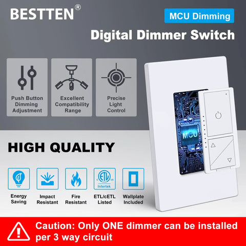 Slick Digital LED Dimmer Switch With Air Gap Power Cut Off And Precise Brightness Adjustments For Zero Hassle Three Way Lighting Upgrades Around The House, digital control panel, white finish.