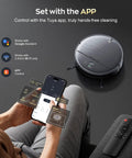 Person using smartphone to control 2 In 1 Robot Vacuum And Mop With WiFi App Control, Smart Slim Quiet Robotic Cleaner, remote nearby