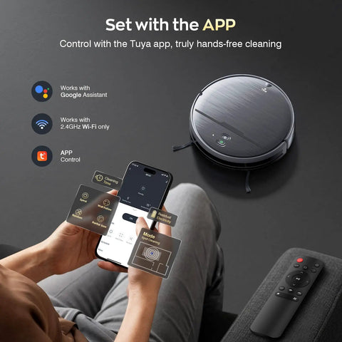 Person using smartphone to control 2 In 1 Robot Vacuum And Mop With WiFi App Control, Smart Slim Quiet Robotic Cleaner, remote nearby