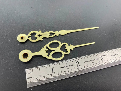 Brass Clock Hands Replacement Kit For 7 Inch Dial NOS DIY Clock Assembly with ruler for scale on black background