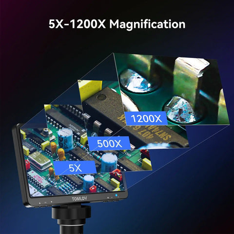 7 Inch Digital Microscope With Screen 1080P Live View 1200X Magnification display showing PCB details at different zoom levels