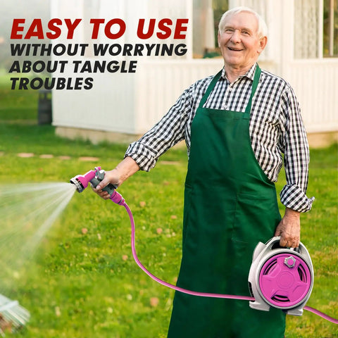 Man using Portable Hose Reel For Outdoor Use, 50Ft Garden Hose Reel With Six Pattern Spray Nozzle, Lightweight, Pink