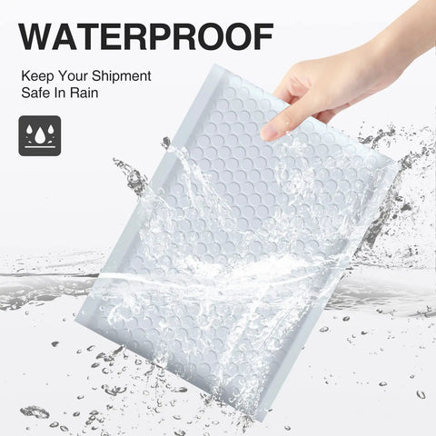 Hand holding waterproof Bubble Mailers 8.5x12 Inch White Pack Of 25, Usable Inner 8.5x11, Poly Padded Envelopes with water splash.