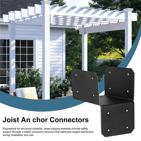 Roof Joint Connector Set For Pergola And Gazebo, 4 Steel Brackets And Post Connectors, black steel bracket close-up.