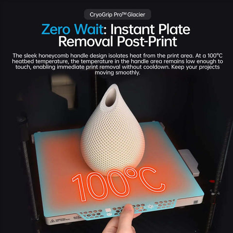 CryoGrip Pro Glacier Panda Double Sided Build Plate For Bambu Lab with vase and heat display at 100°C in 3D printer